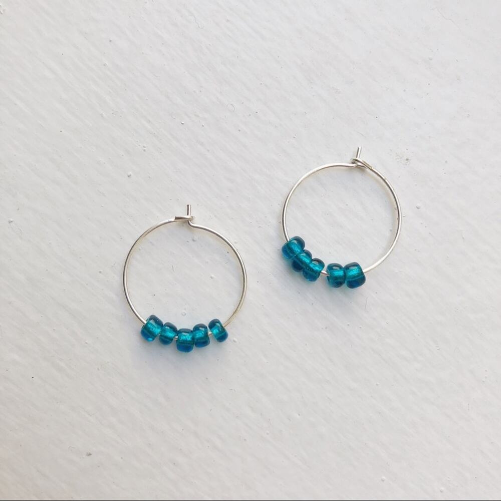 Teal beaded silver hoop earrings handmade 20mm